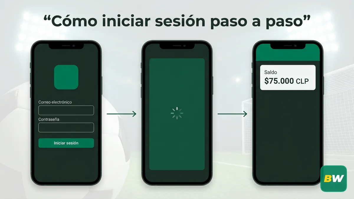 Tres pantallas de celular mostrando los pasos para iniciar sesión en Betwinner Chile con saldo en pesos chilenos