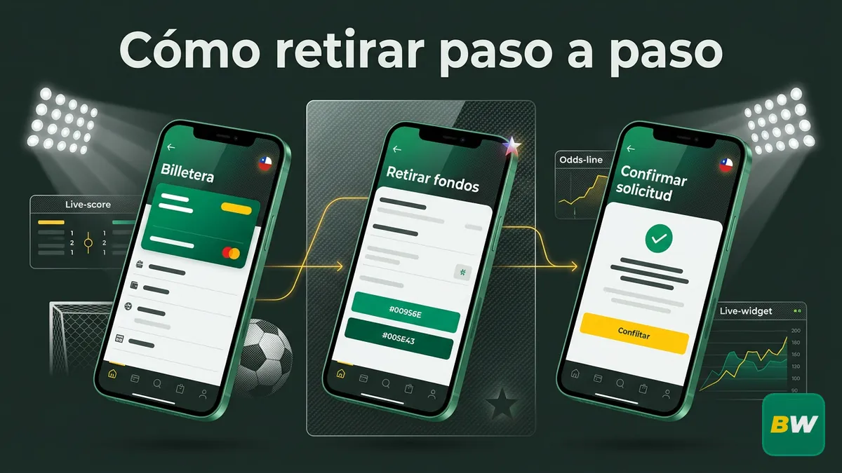 Tres pantallas del proceso de retiro en Betwinner Chile: billetera, retirar fondos y confirmar
